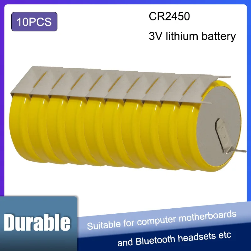 10ชิ้นแบตเตอรี่ลิเธียมปุ่ม CR2450 3V พร้อมหมุดเชื่อมสำหรับเมนบอร์ด/หม้อหุงข้าวและอื่นๆ
