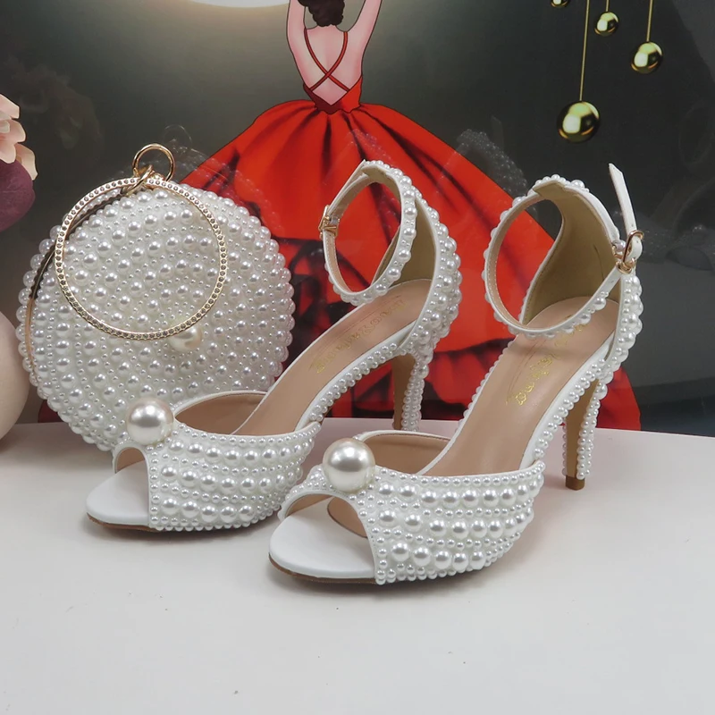 Fashion White Pearl Open Toe Bridal Shoes Fish Toe Summer Sandals Woman Ankle Strap Buckle Wedding Party Shoes  Bag Thin Heel