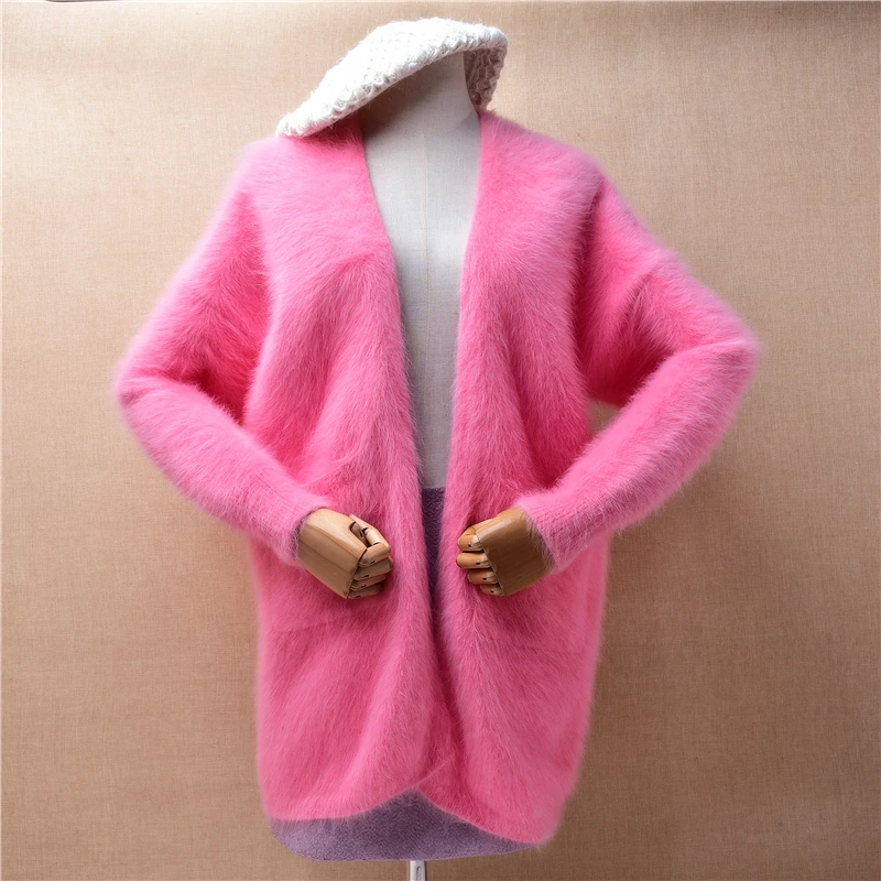 

Female Women Fall Winter Clothing Pink Hairy Plush Mink Cashmere Knitted Long Sleeves Loose Cardigans Mantle Angora Sweater Coat