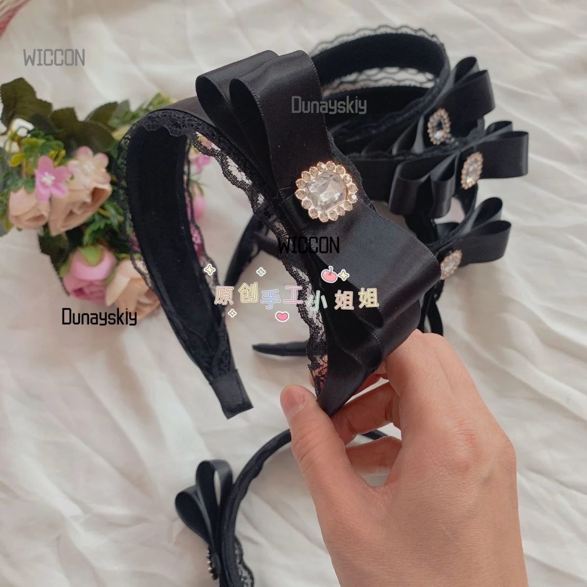 جيراي كي القوطية الظلام kawaii الأسود مقوس دانتيل واسعة عقال حجر الراين لوليتا تأثيري مشبك شعر محيطي اكسسوارات تأثيري