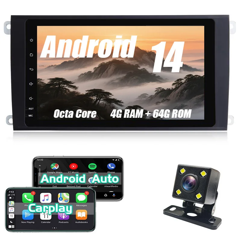 

Android car radio for Porsche Cayenne 2003-2010 stereo screen Carplay Android Auto Bluetooth GPS Navigation FM radio 8’ [4+64G]