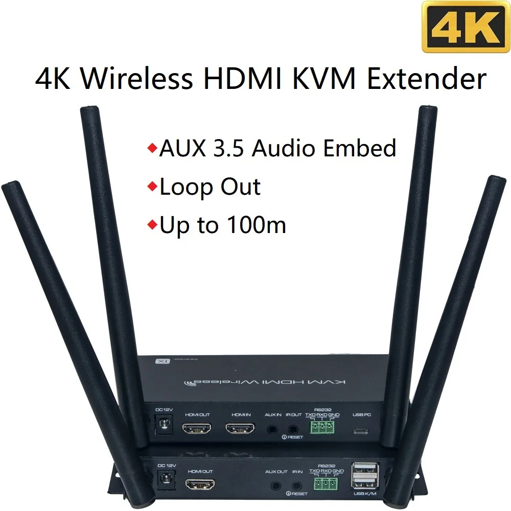 

4K Wireless HDMI Extender Dual Antenna 100m 330ft Sender Video Transmitter Receiver KVM USB RS232 IR Control Few Delay for DVD