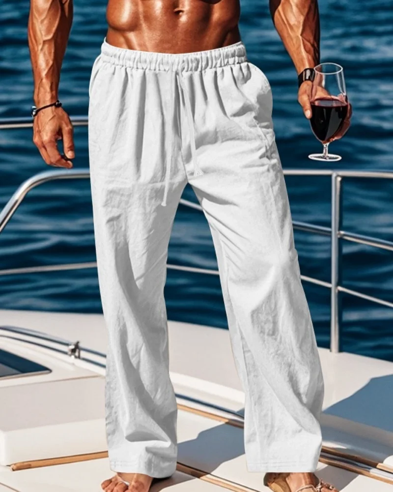 

2026 New Men Cotton and Linen Casual Pants Simple and Comfortable Straight Leg Pants Waist Drawstring Plus Size Looser S-4XL