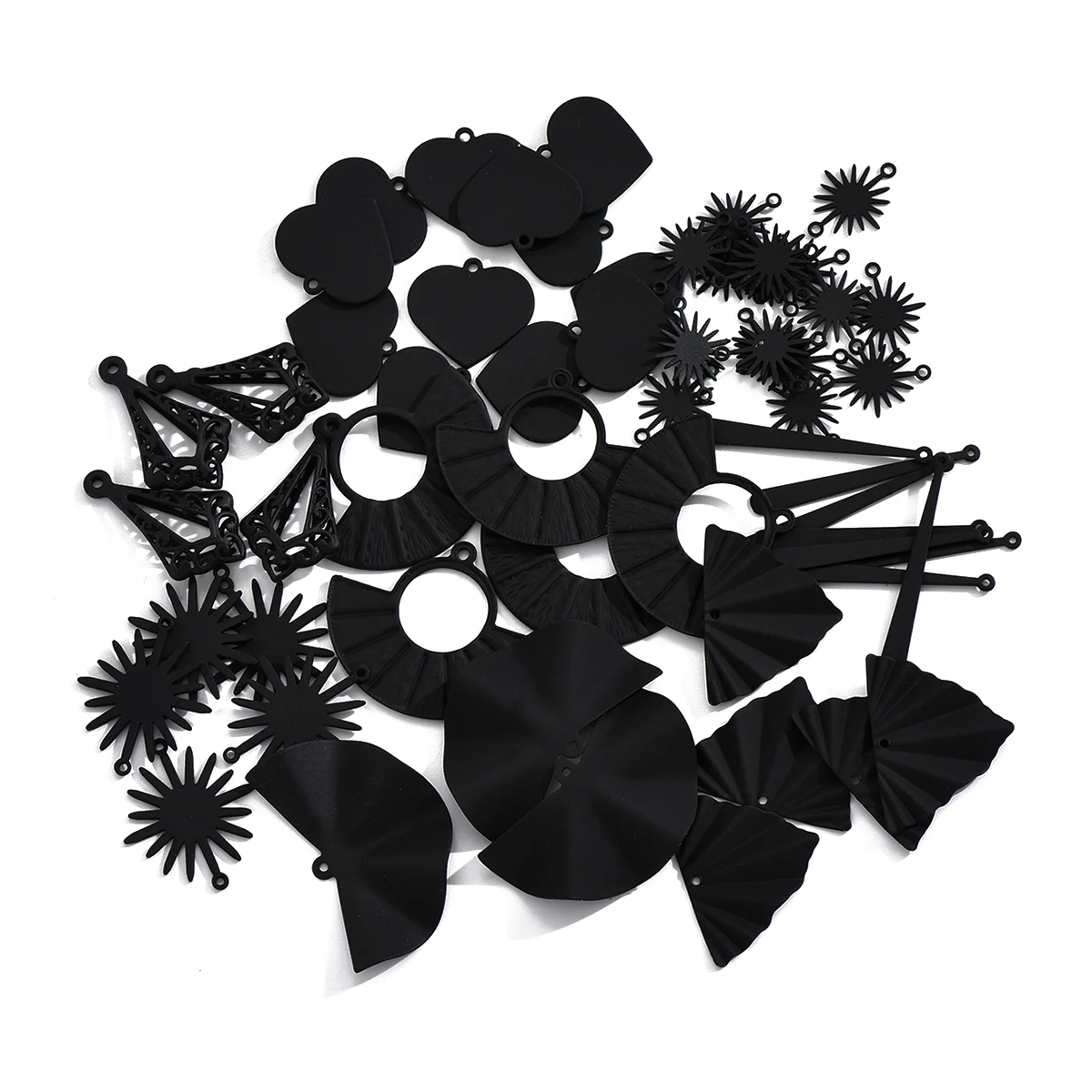 Black heart-shaped, fan-shaped, water droplet, and sunflower pendants, used for making necklaces, bracelets, and earrings