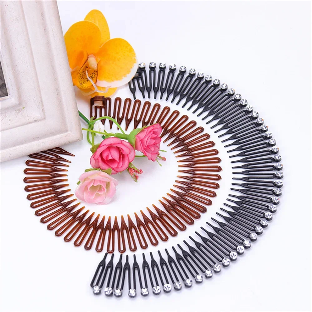 Moda elastik esnek tarak kafa bandı lüks Rhinestone kalp Hairband kadınlar kızlar sabit saç stili Bun Headdress aksesuarları