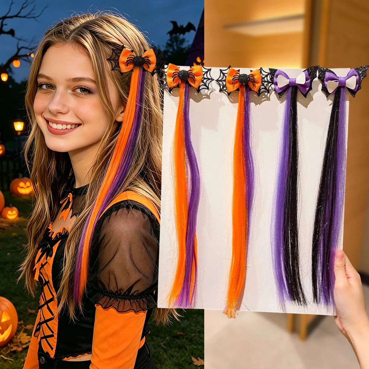 2Pcs Halloween Spider Web Bow Duckbill Clips, Gradient Glitter Ribbon Hair Accessories for Halloween Party Gift
