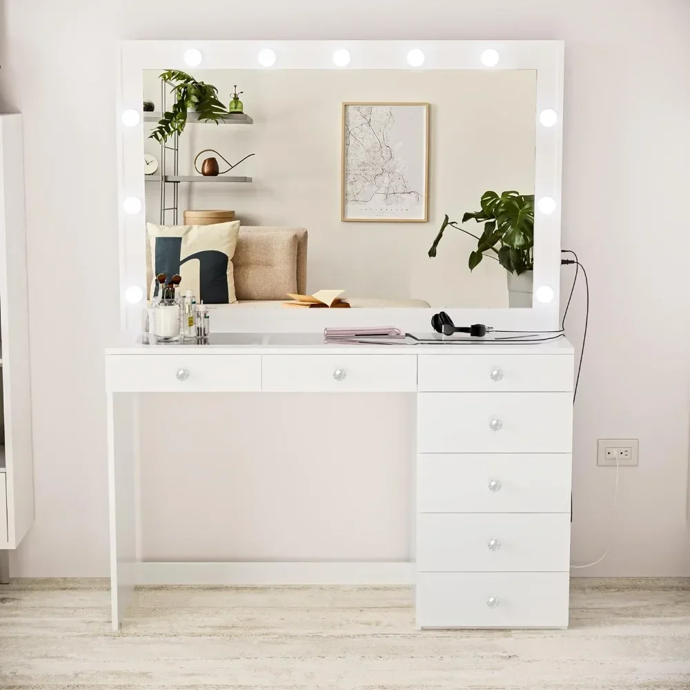 Makeup Vanity with Hollywood Lights Built-in, 7 Drawers, Hollywood Mirror, Hairdryer Hanger, Glass Top, Crystal Ball Knobs