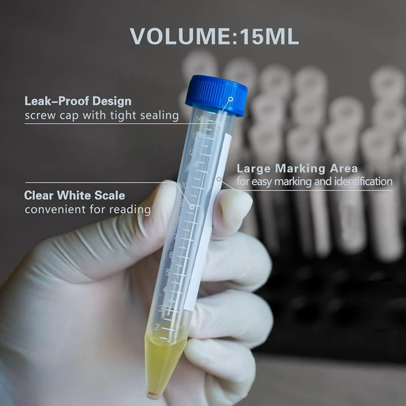 Provette da centrifuga in plastica da 15 ml con tappo a vite, 100 provette coniche da 15 ml con 1 portaprovette da centrifuga