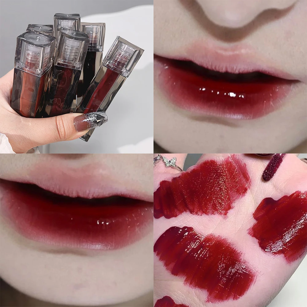 Dark Red Mirror Water Lip Glaze Moisturizing Sexy Brown Lip Tint Lipstick Korean Makeup Lasting Color Non-stick Cup Lip Gloss