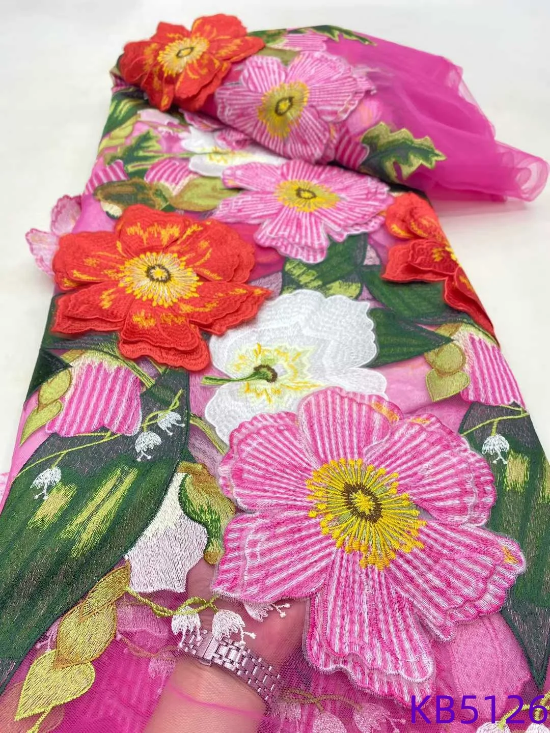 Tela de encaje de flores 3D de 5 yardas, tela africana de encaje de alta calidad, malla francesa con cuentas 2025, lentejuelas de encaje para coser KB5126