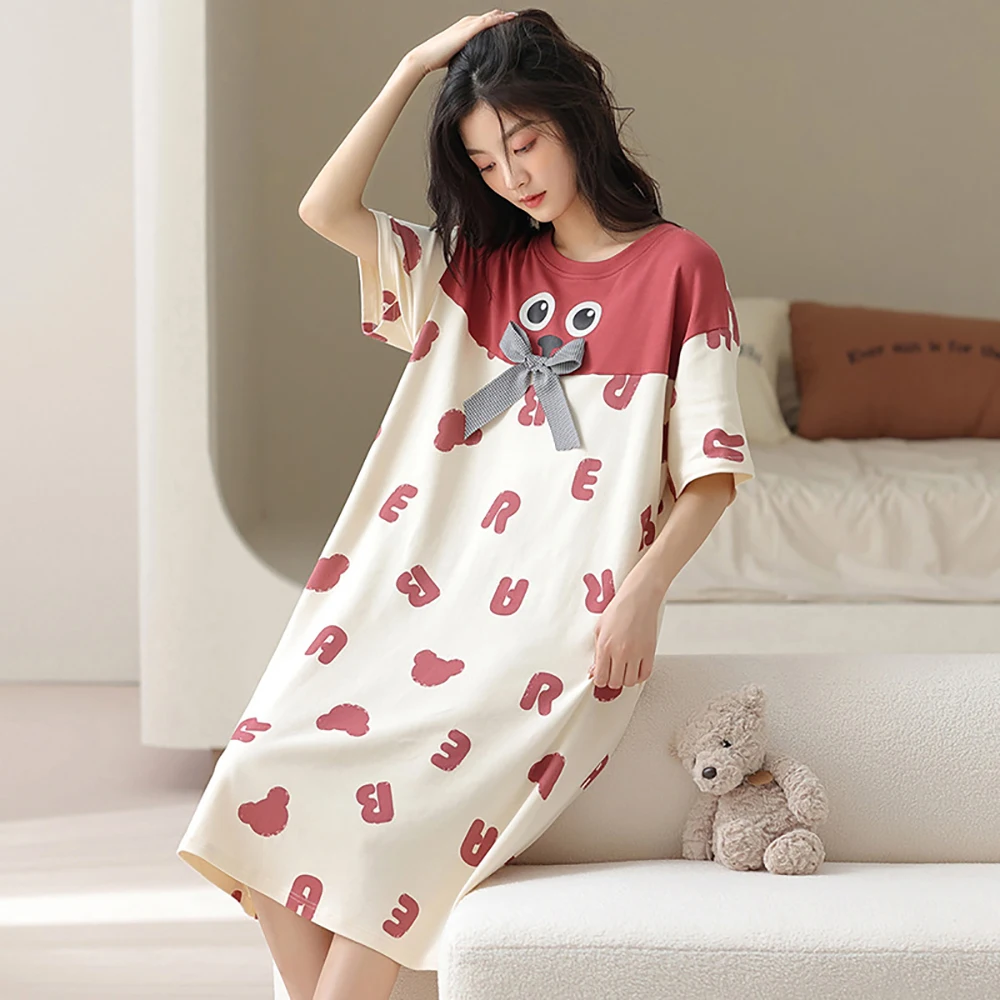 

M-2XL 100% Cotton New Dress Sweet Cute Cartoon Sleepwear Summer Short Sleeve Pajamas Dress Comfortable Breathable Night Gown