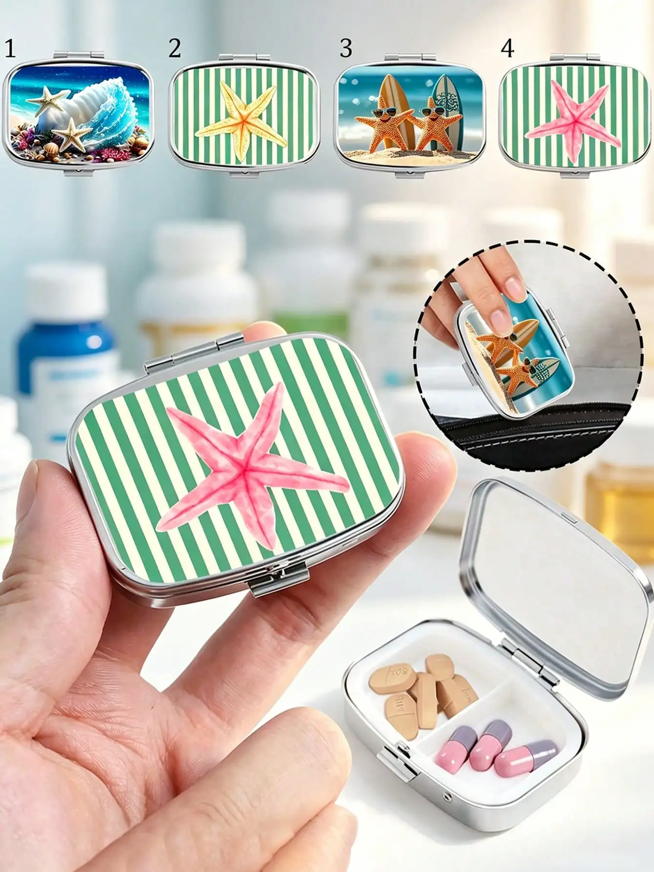 Vintage Fun Starfish Pill Box, Square Pill Box, Portable Pill Box, Travel Pill Box, Large Capacity Compartments, Weekly Medication Organizer, Essential for Medical Personnel, Travel Hiking Emergency Aid, Unique Gift Choice