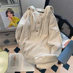 Gidyq Women Streetwear Corduroy Hoodies Autumn Korean Fashion Female Loose Sweatshirt Y2K Casual All Match Button Coats New