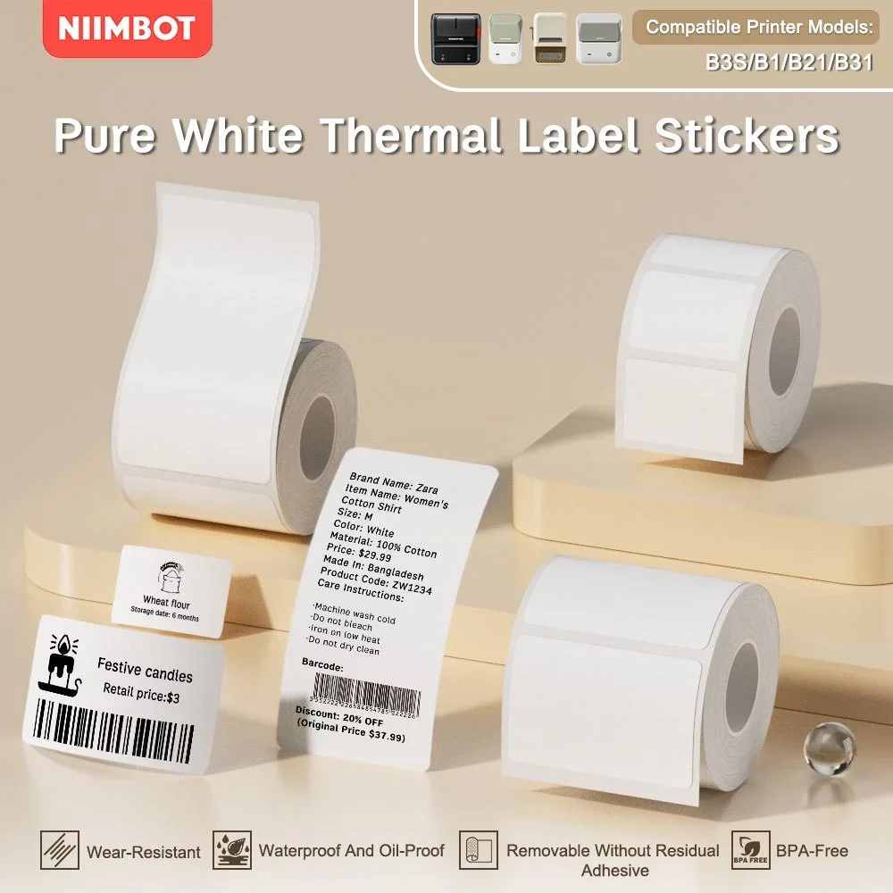 NIIMBOT B21/B1/B3S Pełna biała seria Termiczna naklejka na etykiety Papier do druku 20-50 mm