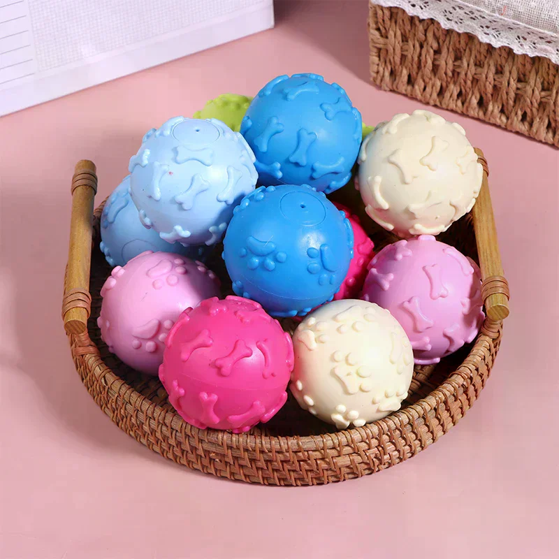 Pet Plaything Interactive Dog Toys Squeaky Rubber Dog Toy Ball Cartoon Paw Print Design Small Breeds Durable Chew Dental Health