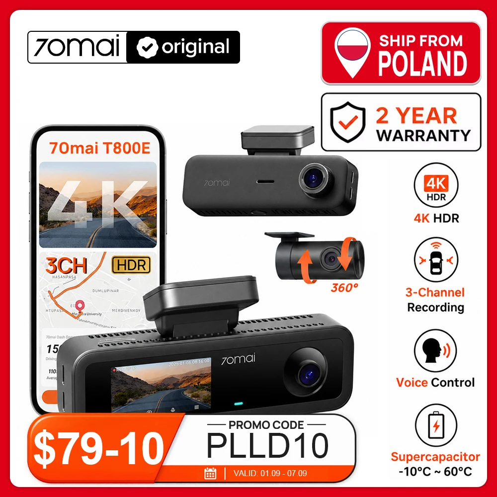 Image of 70mai Dashcam 4K T800E 3-Kanal Vorne Hinten Innen 3-in-1 Sprachsteuerung 24H Parküberwachung Superkondensator GPS 1080P Rückkamera Auto-DVR Drei Kameras, GPS und WLAN, geeignet für den Einsatz in
