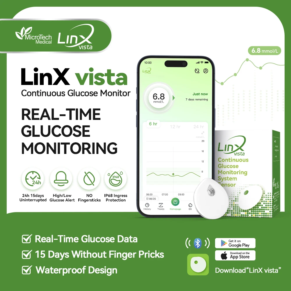Sistema de Monitoreo Continuo de Glucosa MicroTech LinX Vista, Prueba de Glucosa en Sangre en Tiempo Real 24H, Monitor de Glucosa sin Pinchazos en el Dedo