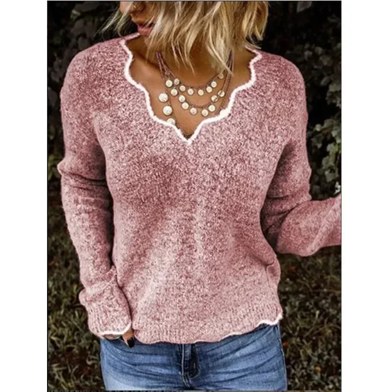 V-neck Cute Knitting Sweater Women Pullover Autumn Winter Casual Knit Top Solid Color Chic Female Knitwear Elegance Women Tops