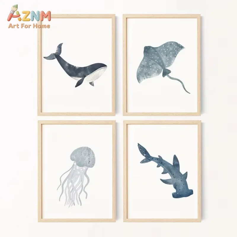 Sea Animals Watercolor Poster Ocean Whale Shark Jellyfish Stingray Canvas Painting Wall Art for Nautical Kids Room Home Decor