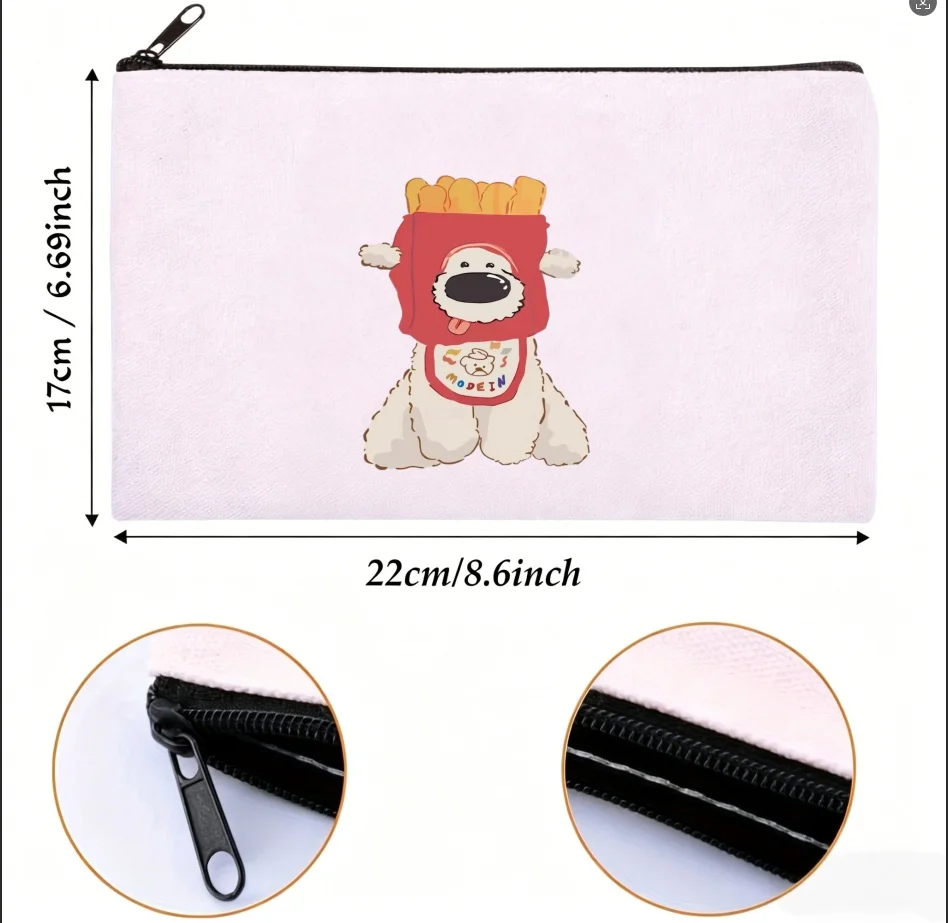 1PC Playful Cartoon Dog Wearing Fries Box Canvas Cosmetic Pouch Lightweight Daily Travel Skincare Storage Zipper Bag