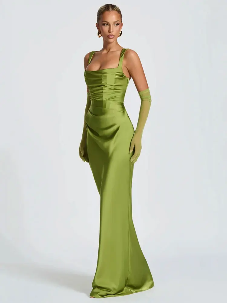 GACVGA Satin dos nu Sexy robe Maxi femmes élégant licou épaules dénudées sans manches dos à lacets moulante Club fête longues robes