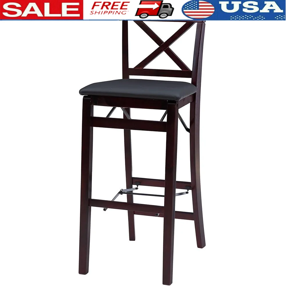 

Folding X Back Bar Stool Comfortable Design Foot Rail Easy Storage Faux Leather Upholstered Kitchen Dining Pub Seating