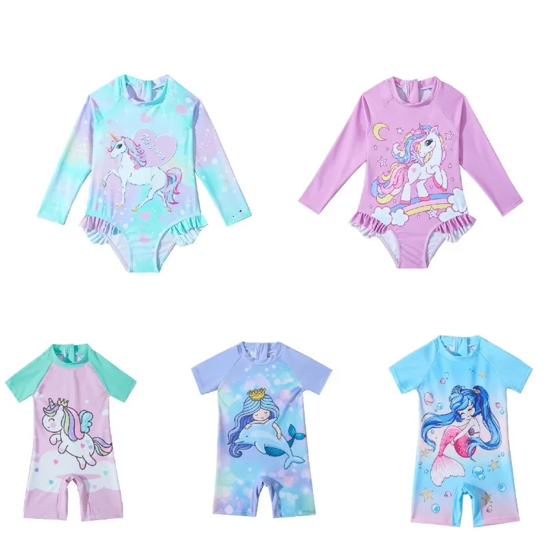 Baby Girl Swimwear Unicorn Mermaid Girls Carton Printed One-Piece Swimsuit Back Zipper Cute Beach Outwear Bathing Suits Swimming