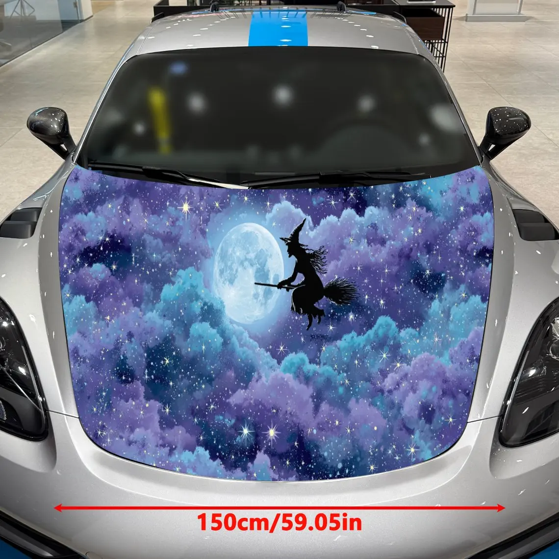 Moonlit Clouds Starry Witch Magical Charm PVC Car Hood Wraps, Self-Adhesive Waterproof Car Bonnet Decal Sticker, Car Decoration