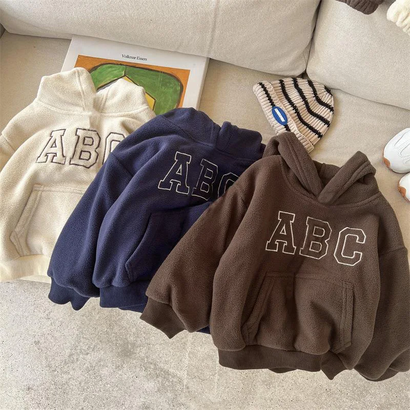 Children Autumn Winter Letter Plus Velvet Warm Hoodies Set Boy Girl Baby Fleece Thick Tops+Pants 2pcs Kid Cotton Sweatshirt Suit