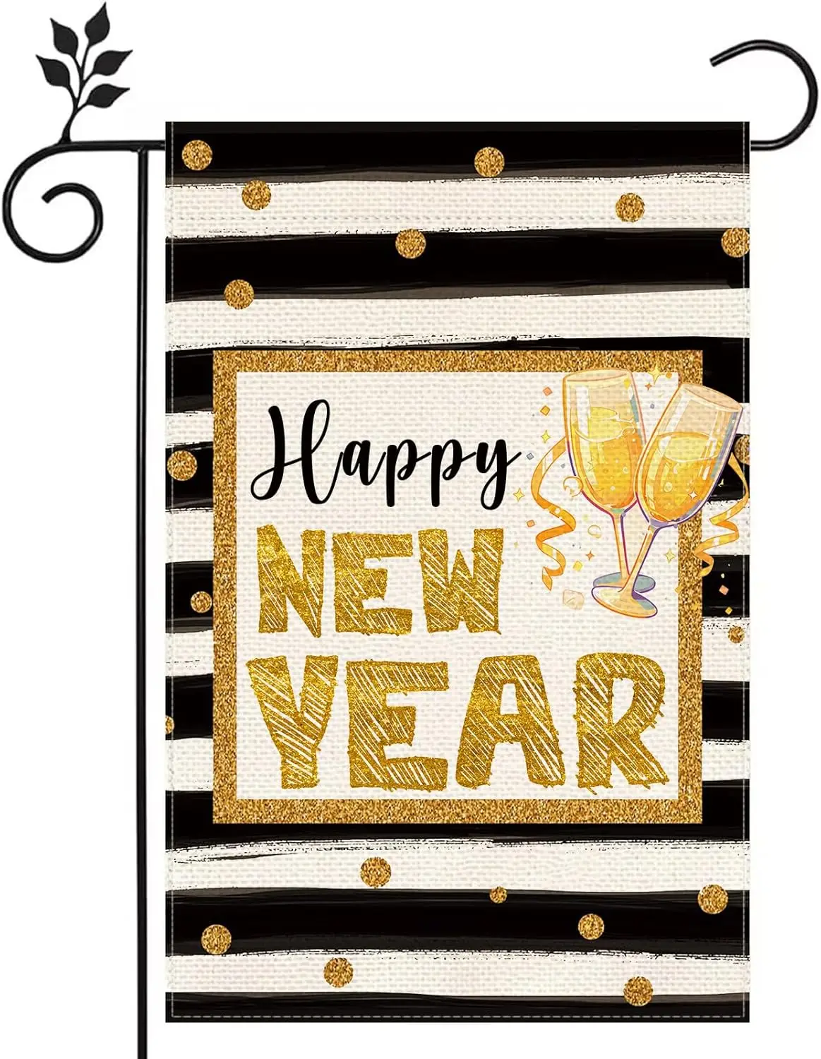 Happy New Year Black and White Striped Balloon Ribbon Champagne Double Sided Burlap Garden Flag 12x18 inch Home Outdoor Gard GGO