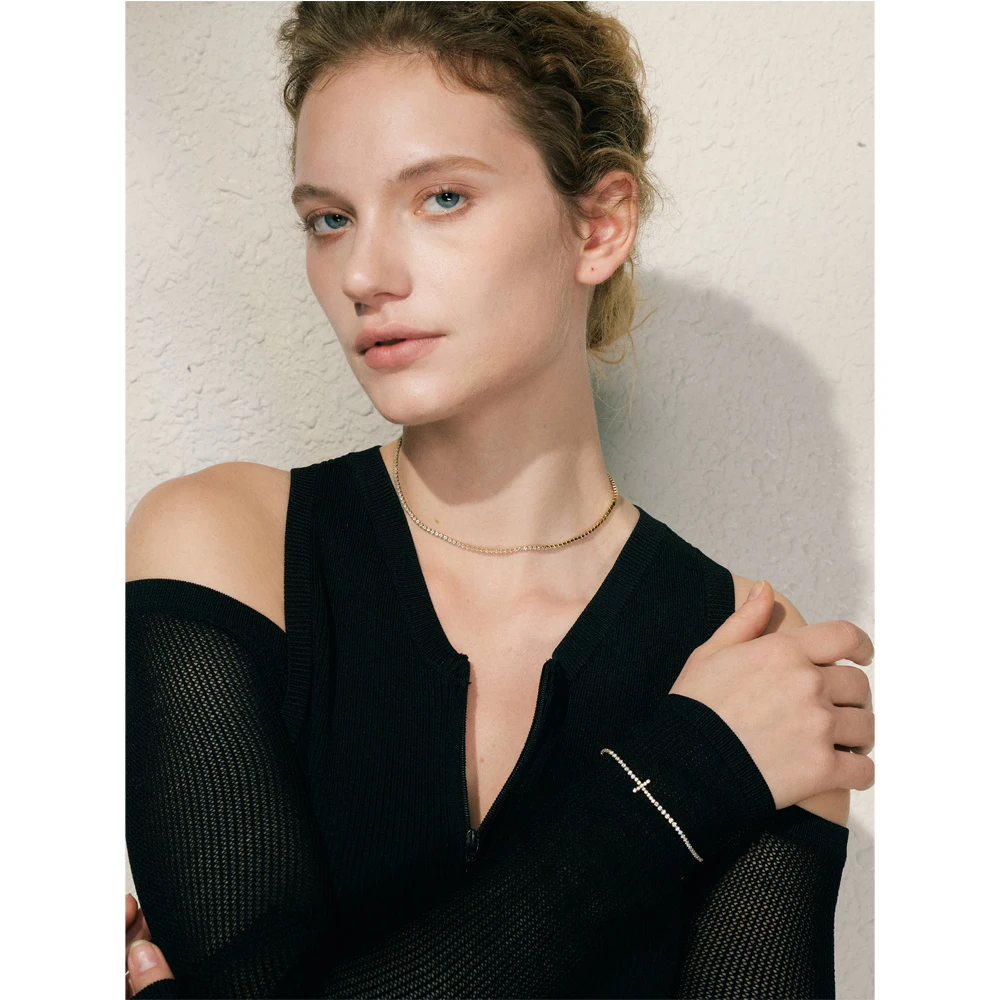 Yhpup Luxury Shiny Cubic Zirconia Chain Necklace Delicate Stainless Steel High Quality Premium Jewelry Accessories