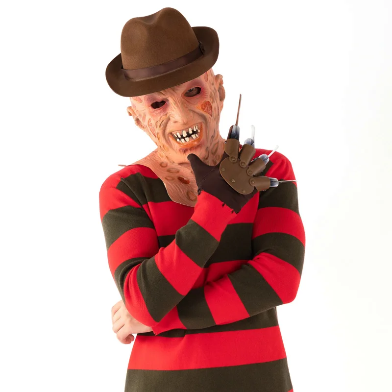 Freddy Krueger Men's Cosplay Costume Red Striped Knitted Sweater Top Coat Hat Freddie Krueger Mask Halloween Costume