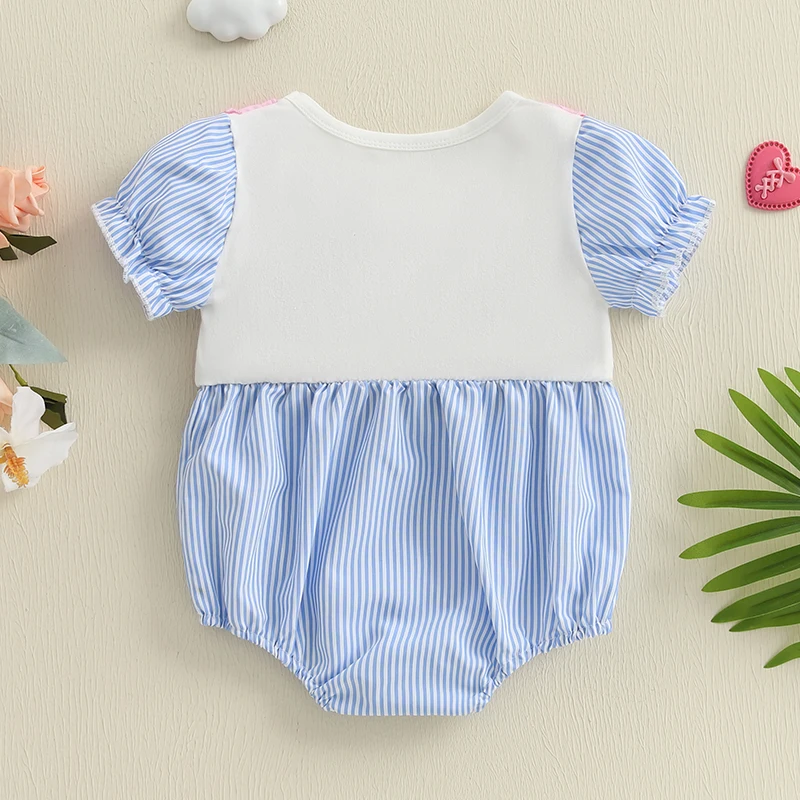 Adorables mamelucos para niñas con lindo bordado de letras y diseño a rayas con cuello redondo y mangas cortas: elegante