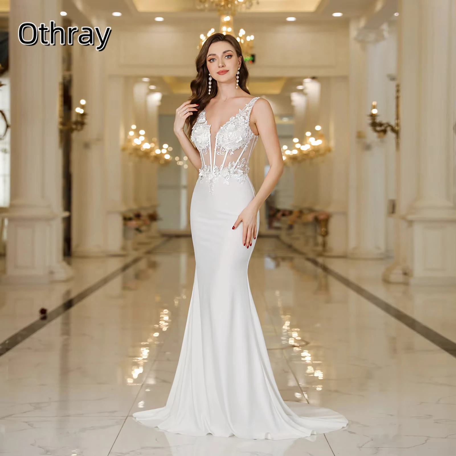 Othray Elegant Mermaid Wedding Dress Lace Backless V Neck Sleeveless Sweep Train Wedding Formal Party Gowns Long Vestido Marrie