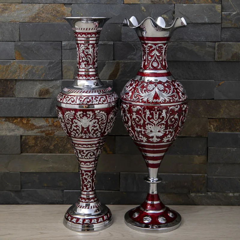 

H38cm Luxury Tall Tabletop Metal Vases Silver Red Flower Vase For Home Living Room Decoration V06