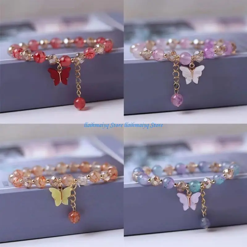 573B Elegant Crystal Charm Bracelet Colorful Butterfly Beaded Handchain Stylish Elastic Rope Wristchain Accessory for Ladies