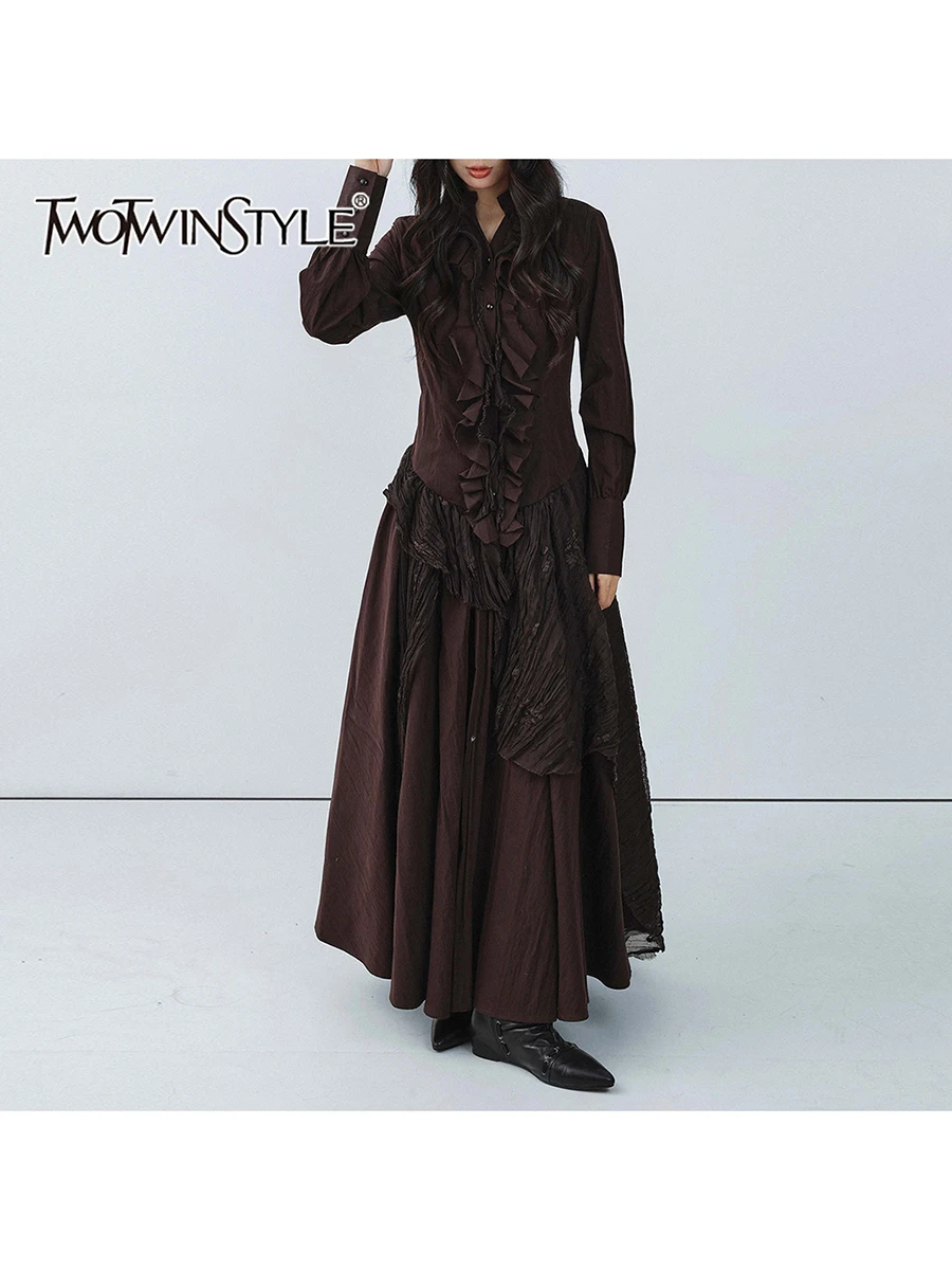 TWOTWINSTYLE Brown Spliced Folds Irregular Dresses for Women Stand Neck Long Sleeves Patchwork Buttons Vintage Dress Female New