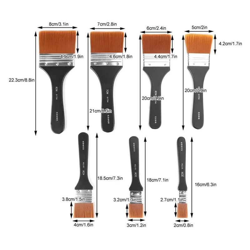 7Pcs Paint Brush Handle Set Nylon Paint Brushes Flat Board Brushes Nylon Hair For Painting, Timber Wall Painting Brushes