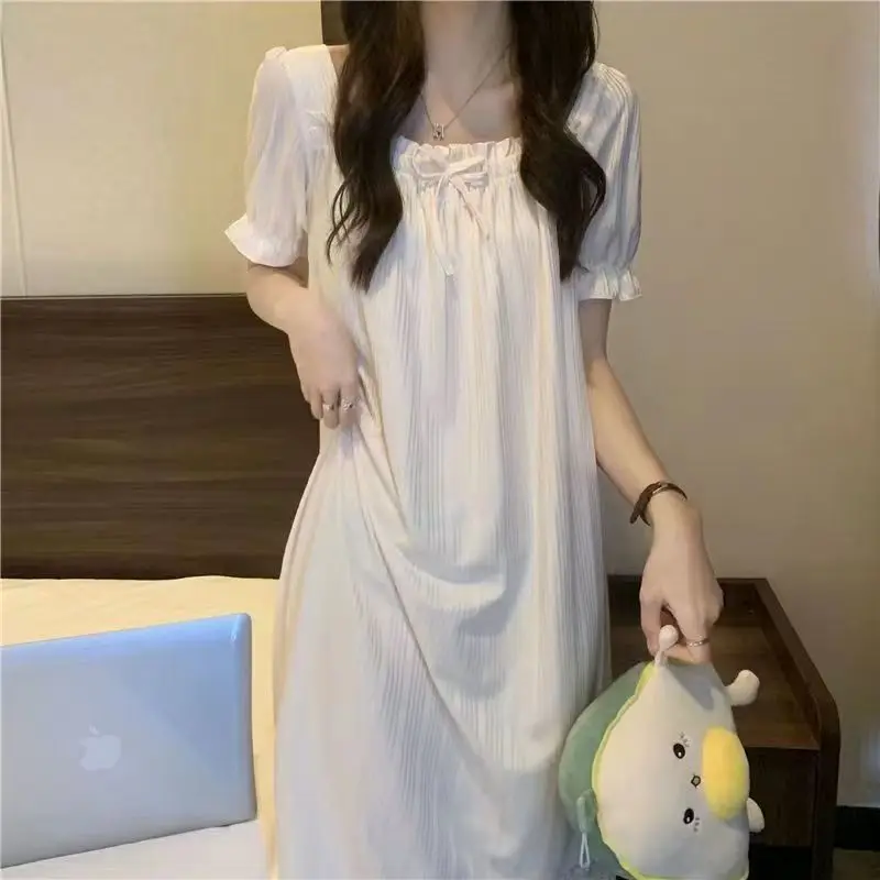 Square Collar Sleepwear Woman Short Sleeves Summer Nightgown Korean Nightwear Night Dress One Piece Pajamas Sleeping Home Wear