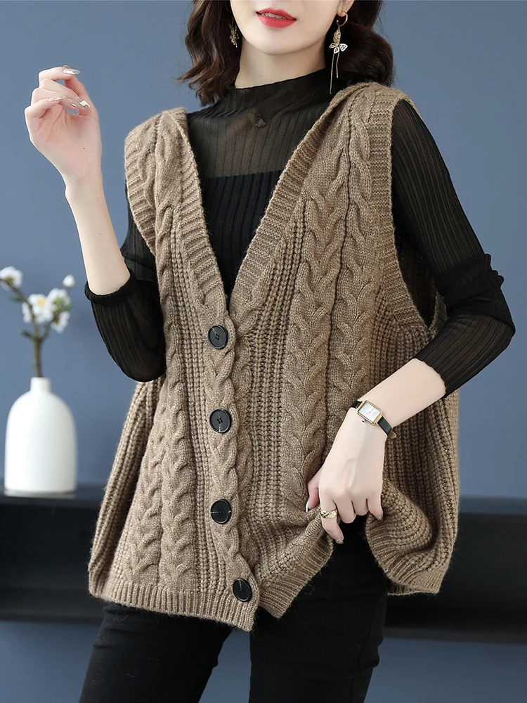 

plus Size Knitted Vest Women Spring Autumn Half Shoulder Sweater Coat Hooded Jacket Outerwear Fashionable V-Neck Long Sleeve