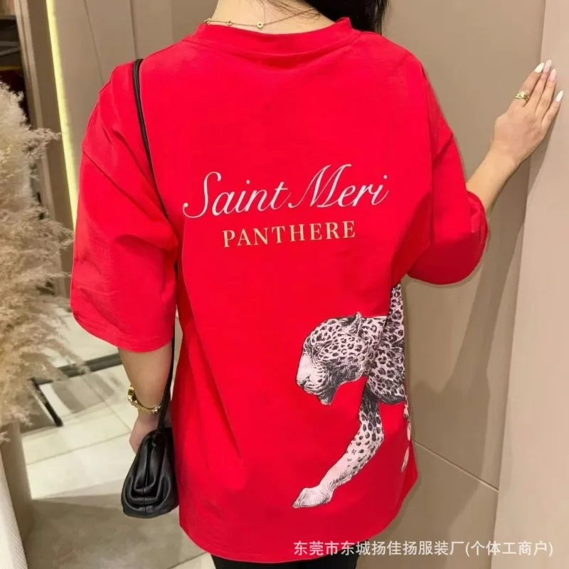 Leopardenmuster Kurzarm-T-Shirt Top Damen Rundhals Locker Sitzend Lässig Vielseitig Streetwear Mode Neue Damen-T-Shirts – Detail 3