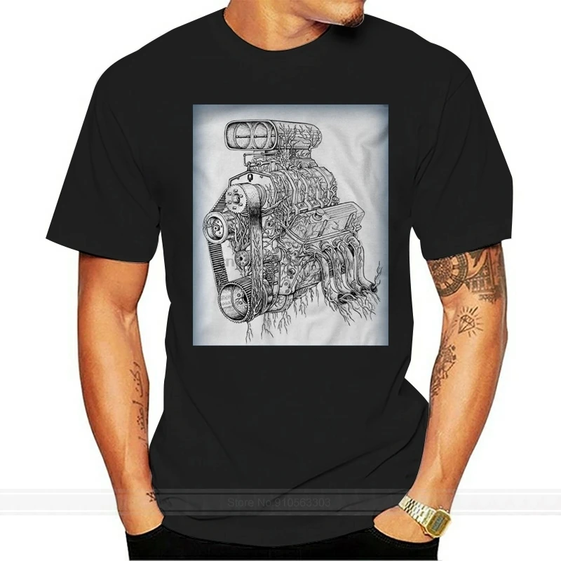 Hot Sale  cotton Big Block Garage Art V8 Supercharger Racings Motor Hotrod Tshirt Tee shirt