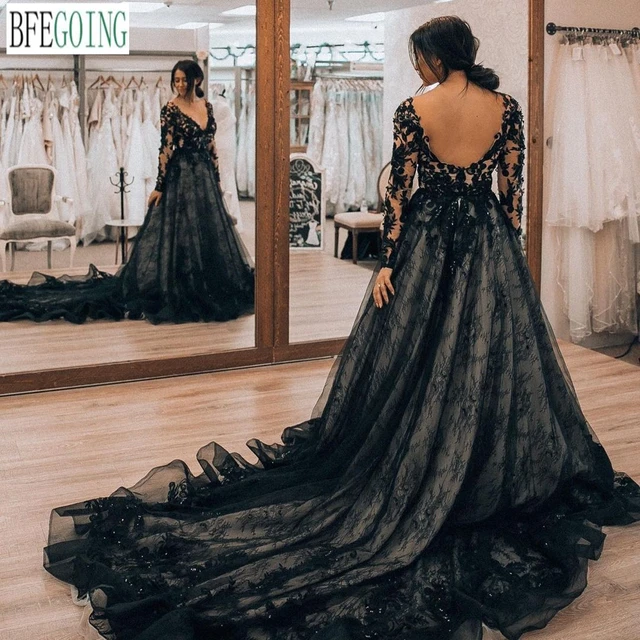 Black Lace Appliques Tulle Long Sleeves V-Neck Floor-Length Wedding Dresses  Chapel Train Custom Made Bridal Gowns - AliExpress