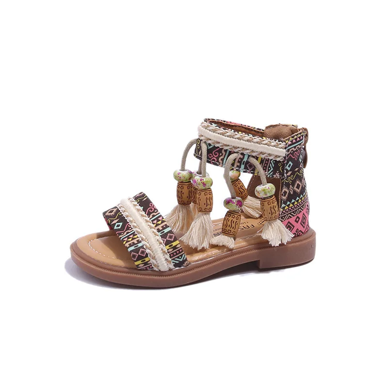 2023 Summer New Girls Sandals Fashion Princess Shoes Ethnic Style Kids Tassel Soft Sole Roman Shoes Sandals for Girls 2-12y