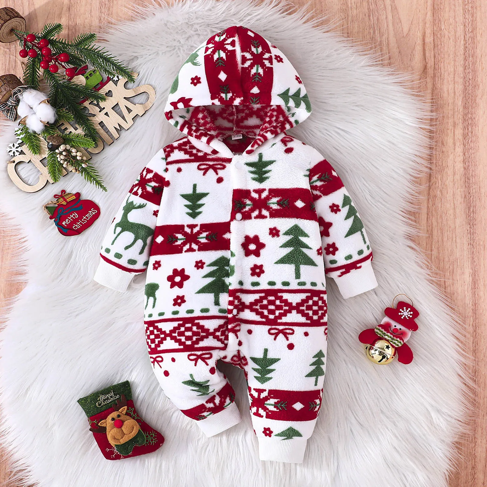 

Infant Baby Christmas Romper Allover Printed Xmas Fleece Jumpsuit For Kids My First New Year Costume Baby Christmas Overalls