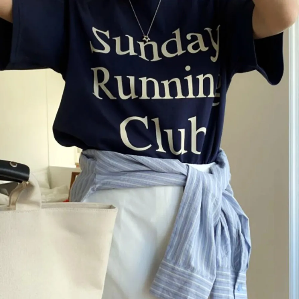 

Sunday Running Club с буквенным принтом, летние повседневные топы, женские свободные хлопковые футболки с короткими рукавами, модные рубашки Tumblr, темно-синие