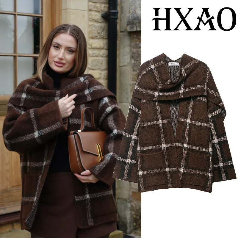 

HXAO Plaid Cardigan Women's Coat Scarf Knit New In Jackets Long Sleeve Demi-Season Jacket Open Tweed Oversize Coat For Woman