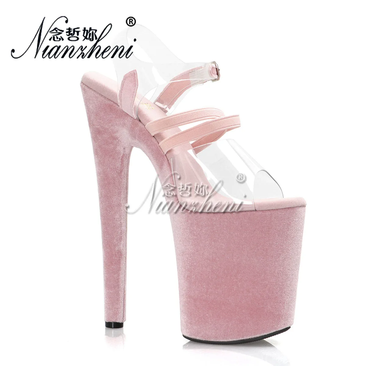 Gothic Pole Dance Strips 20cm Exotic Dancer 8Inch Platform Women\'s Sandals Stripper Shoes 8Inch High Heels Pink Flock Exotic