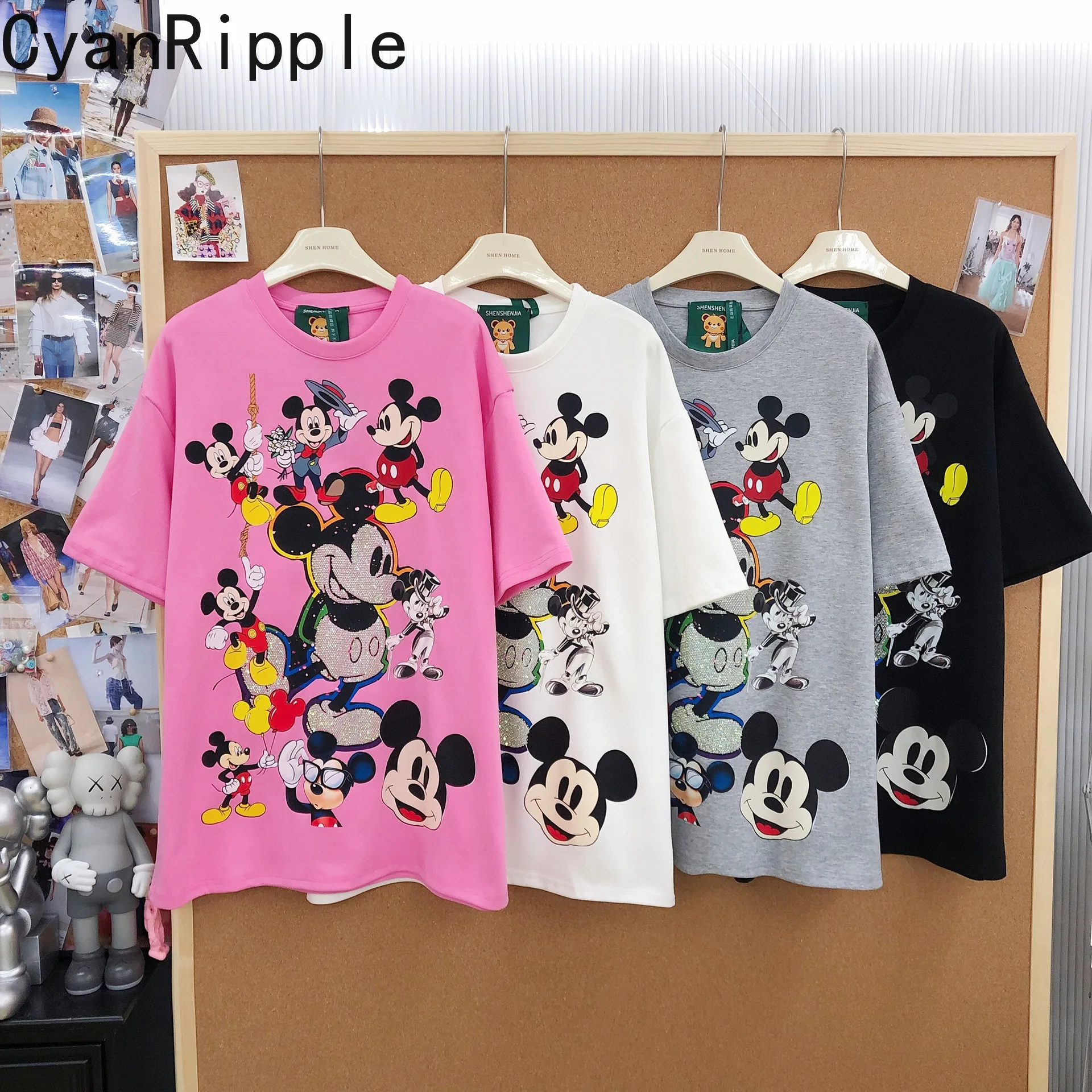 

Trendy American Hot Drilling Mickey Loose Short Sleeve T-shirt New Spring Summer Round Neck Pullover Top Mid-long Cotton Tshirts