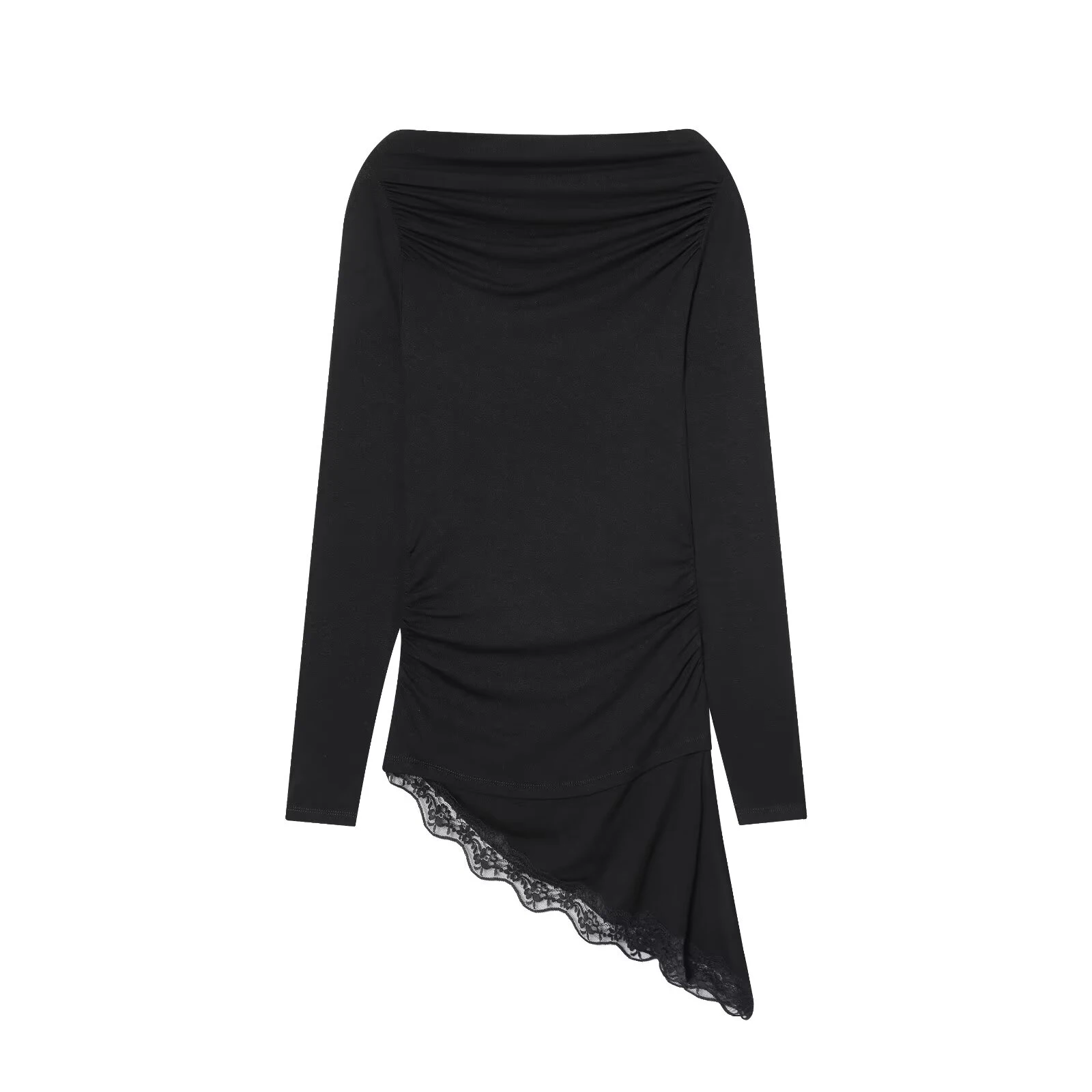 ZERAINS ملابس نسائية شتوية جديدة بتصميم بسيط مع ياقة قارب مطوية وأكمام طويلة وحاشية غير متماثلة تي شيرت من الدانتيل #2